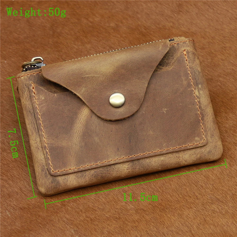 Monedero de cuero genuino Vintage hecho a mano para hombres y mujeres, monedero informal con cremallera, tarjetero, carteras de cuero de vaca