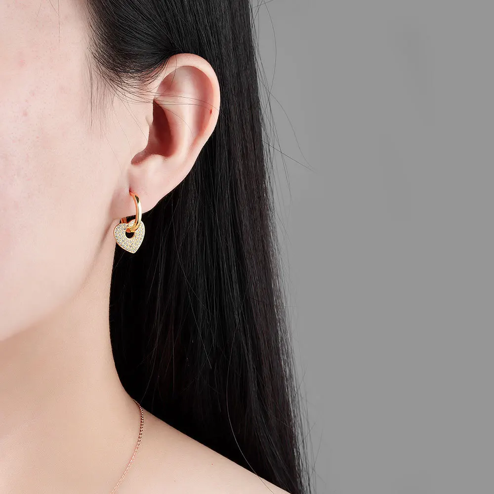 F.I.N.S 925 Sterling Silver CZ Paved Drop Earring Piercing Big Heart Crystal Pave Detachable Pendiente Fashion Fine Jewelry Gift