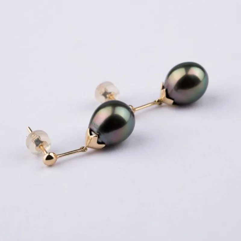 Free Shipping Luminous 9.5*11.5mm Green Genuine Tahitian Pearl Drop Earrings 14K Yellow Gold