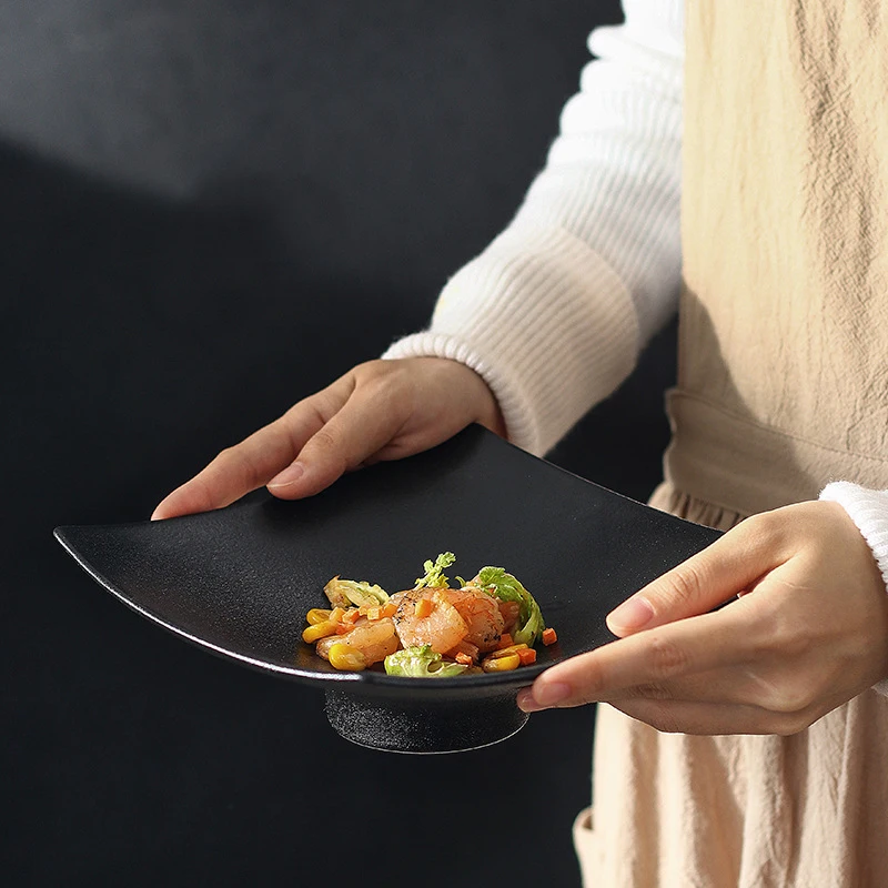 Matte Dinner Plates, Square Dishes, Black Ceramic Plate, Household Tableware, Retro Grilled Meat Dish, 7.5 Inches