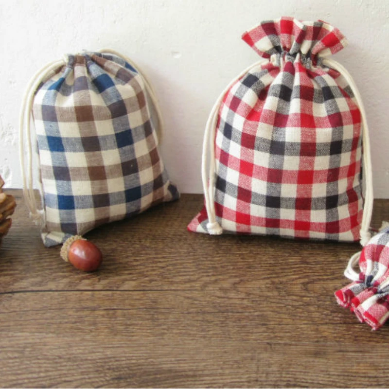 20PCS Plaids Linen Drawstring Bag Cosmetic Makeup Pouch Jewelry Sachet Decorative Packaging Wedding Party Gift Bag Print Logo