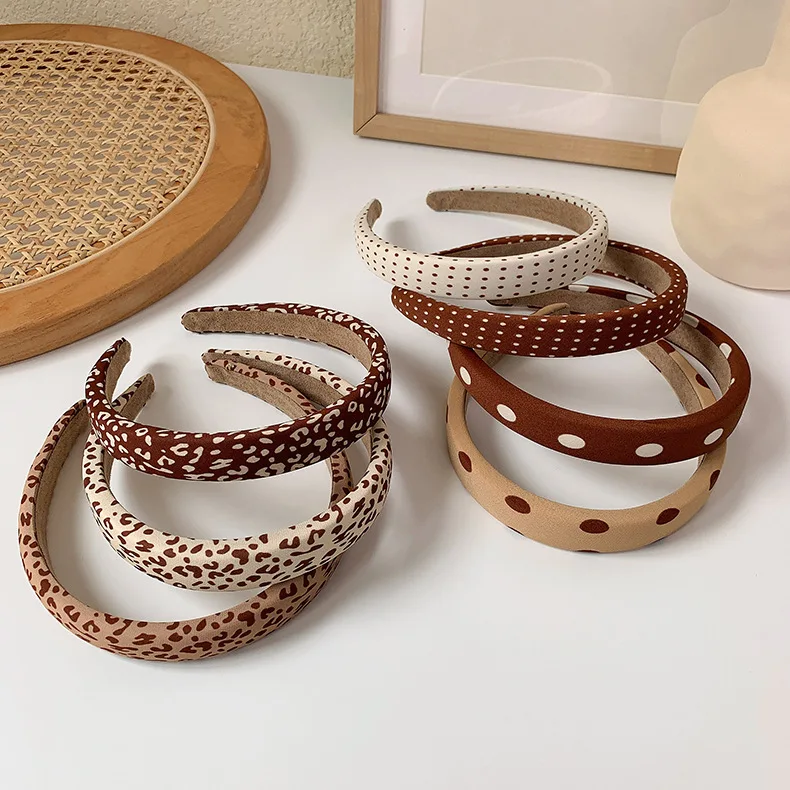 Jesień zima brązowe plamki w stylu lamparta drukuj pałąk 2cm gąbka wyściełane Hairband Retro Headwrap obręcz do włosów akcesoria do włosów dla kobiet