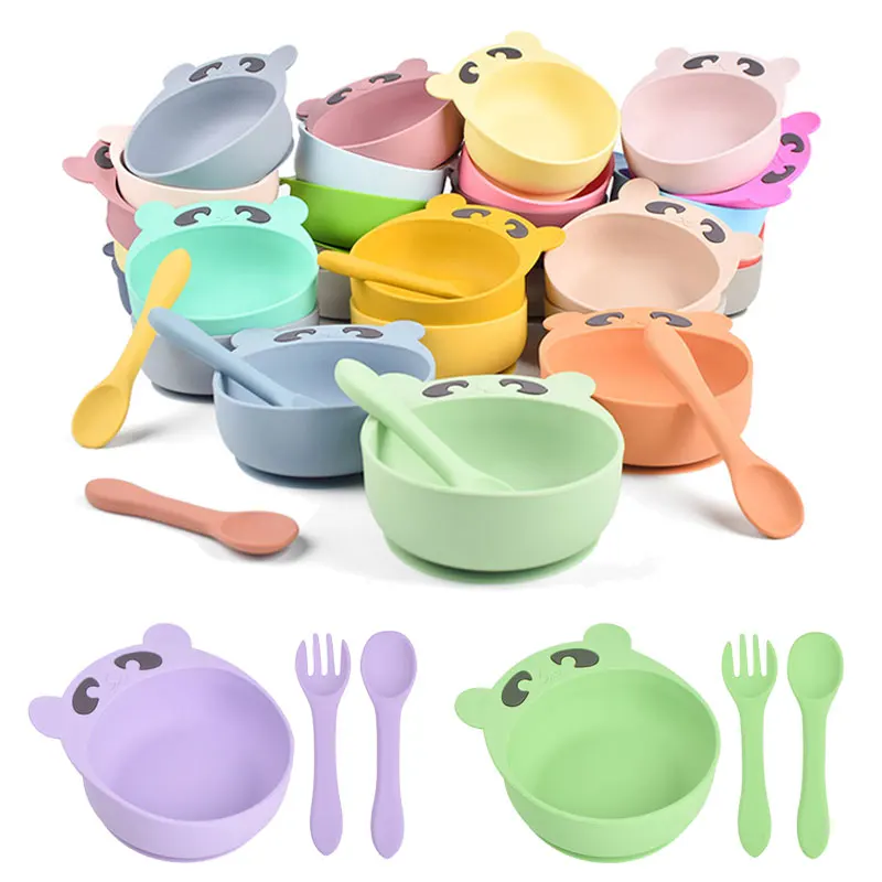 2021 27Colors New Panda Silicone Bowl WIth Spoon Fork Food Grade Non-Slip Suction Bowl Kids Tableware Waterproof BPA Free Spoon