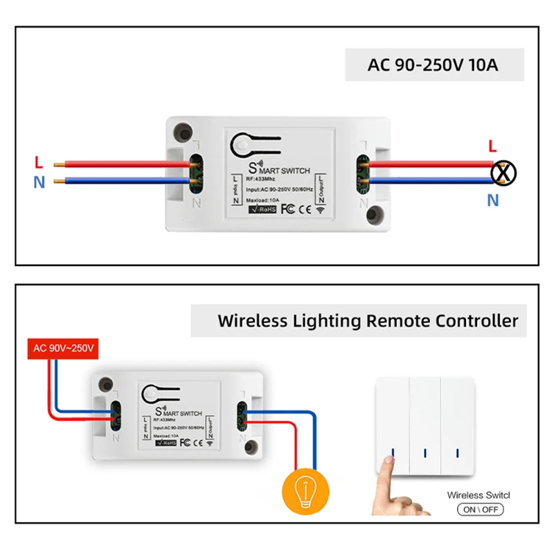 Radio RF 433Mhz Light Switch Module,Lamp Remote Controller,86 Wall Panel Push Button Transmitter,AC 110V 220V Relay Interruptor