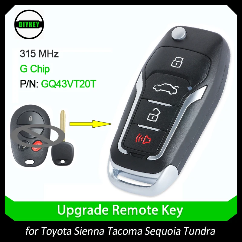 

DIYKEY Modified flip Remote Key 4 Button 315MHz G Chip for Toyota Sienna Tacoma Sequoia Tundra 2011-2014 Highlander GQ43VT20T