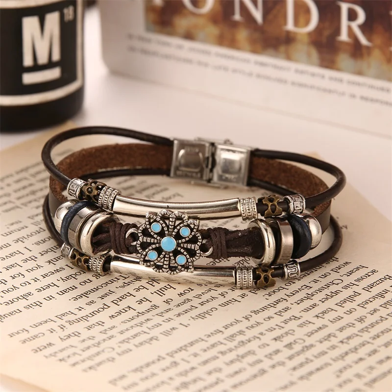 IFMIA Vintage Flower Bracelets & Bangle Boho Multiple Layers Leather Bracelet 2019 For Women Man Wrap Female Punk Jewelry Gifts