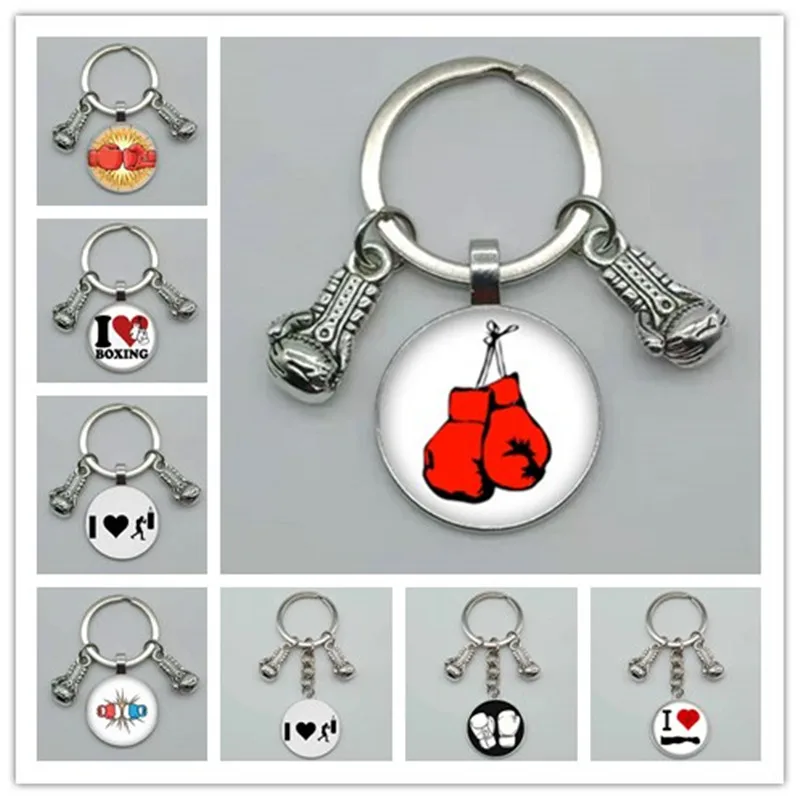 New fashion glass convex keychain boxing gloves pendant boxing lobster buckle DIY men and women car keychain gift