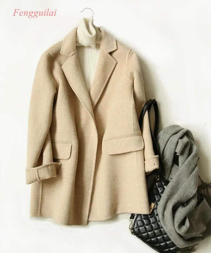 2020  Hand-Stitched Wool Double-Sided Plush Coat Plaid Coat  Single Breasted  Casual  Cashmere  Wool Coat Women Female