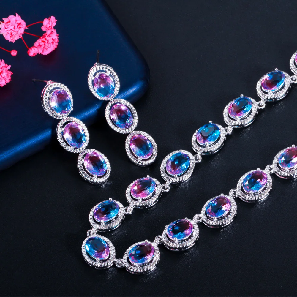 CWWZircons Beautiful Rainbow CZ Mystical Stone Round Drop Women Party Necklace Earrings Fashion Bridal Wedding Jewelry Sets T520