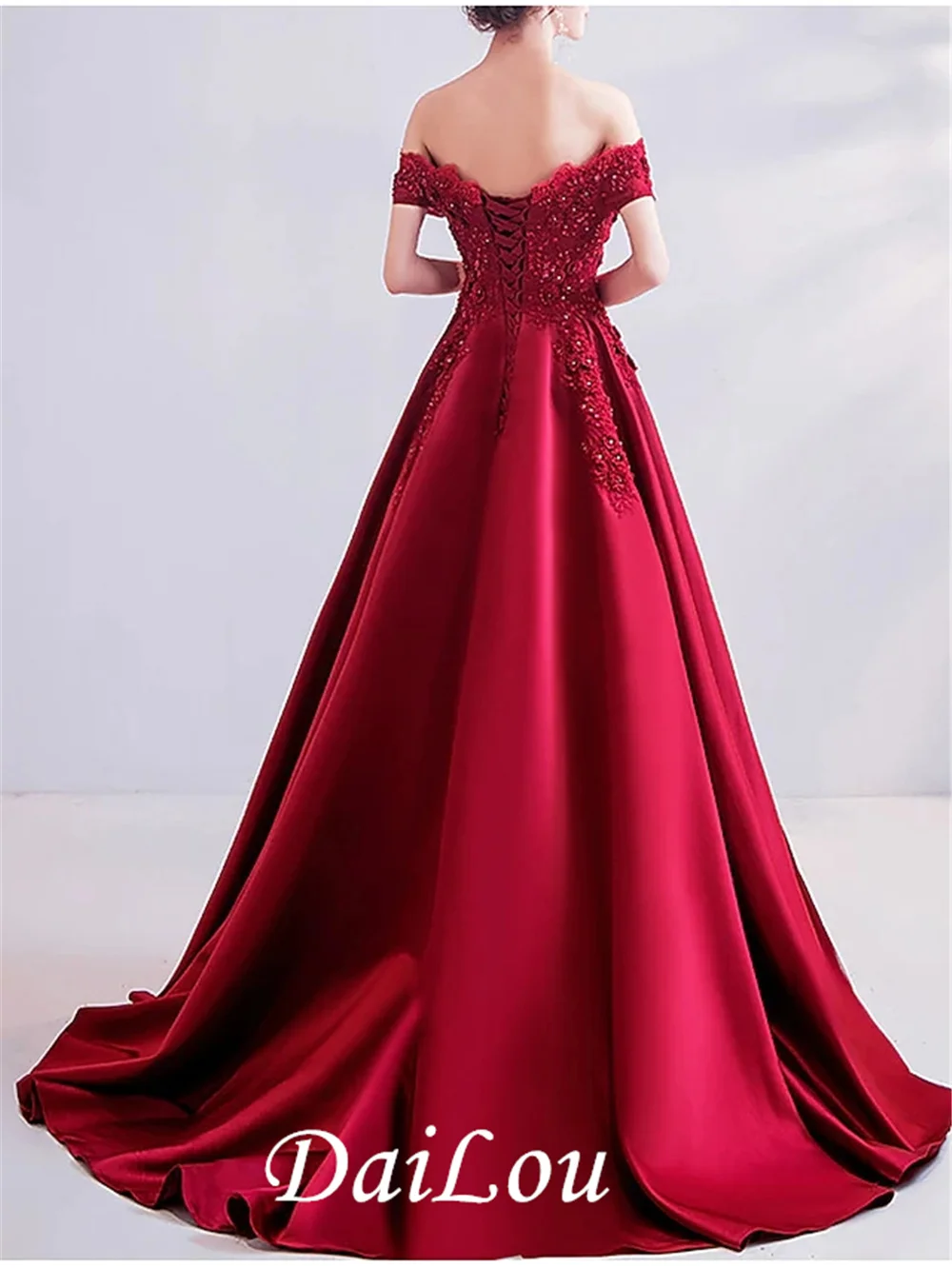 A-Line Sexy Engagement Formal Evening Dress Off Shoulder Short Sleeve Lace Satin with Pleats Beading 2022