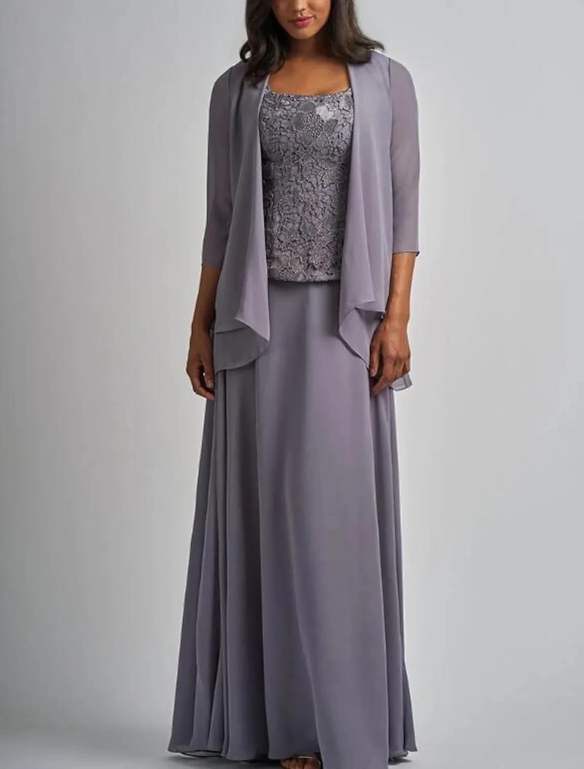 

Gray Two Piece Mother of the Bride Dress Elegant Wrap Included Square Floor Length Chiffon Lace 2022 Wedding Party Gowns