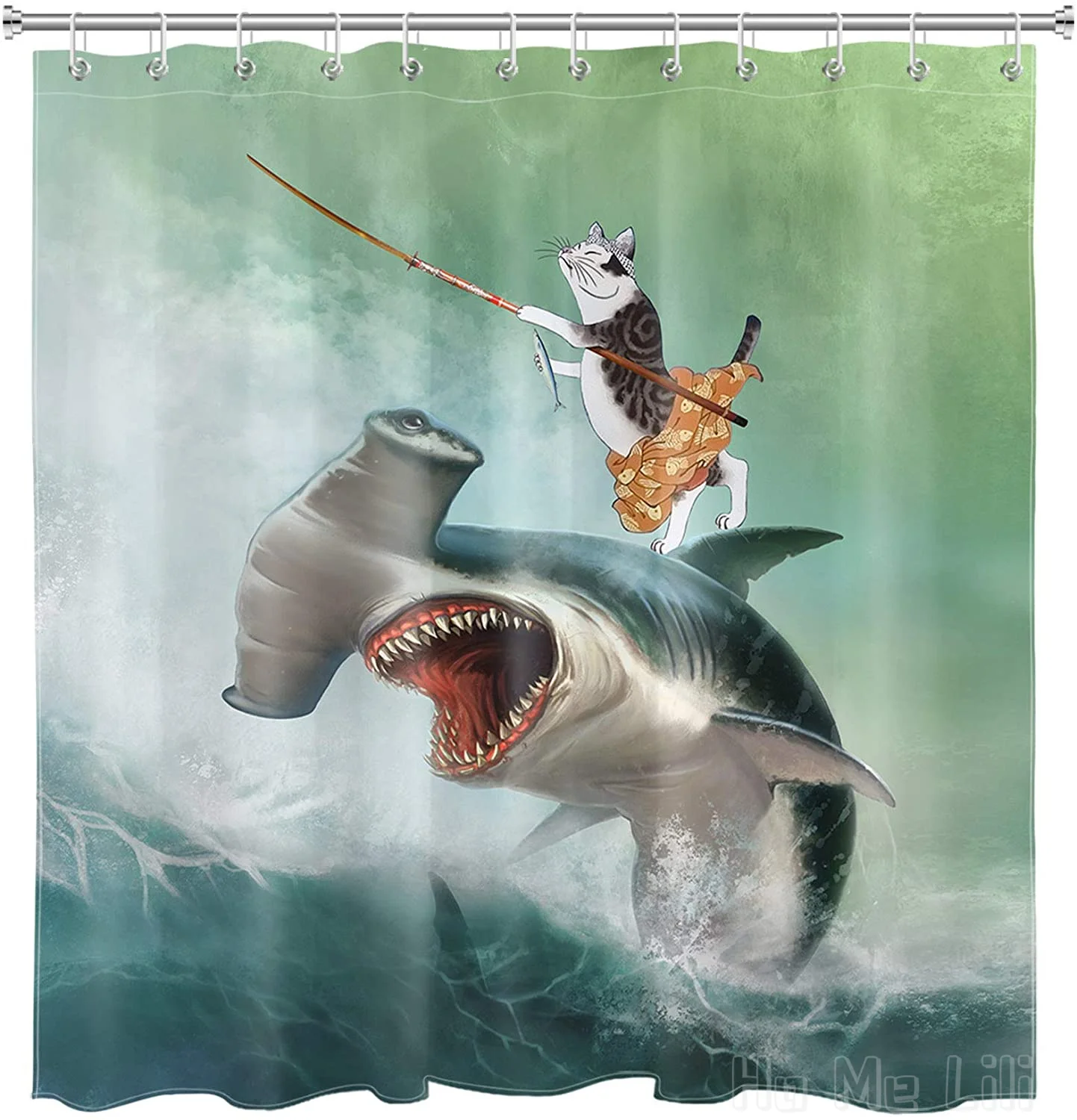 Funny By Ho Me Lili Shower Curtain Set Hippie Cat Riding Weird Shark Fishing On Ocean Wave For Bathroom Decoration With Hooks