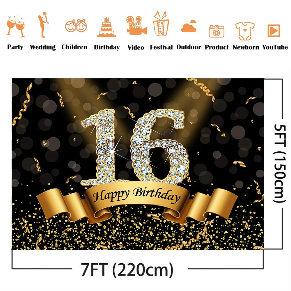 Sweet 16 Birthday Backdrop for Photography Girls Black and Gold Birthday Party Decoration Supplies Banner Bokeh Photocall Props
