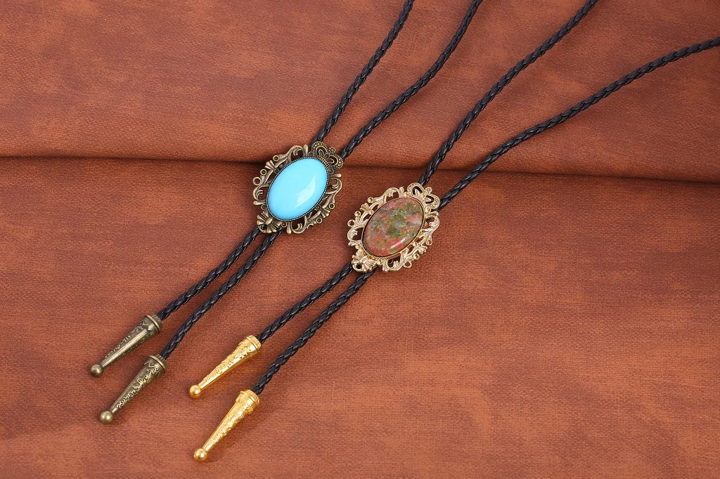 BRONZE GEM Bolo Tie Western Cowboy Opal Rodeo Leather Necktie