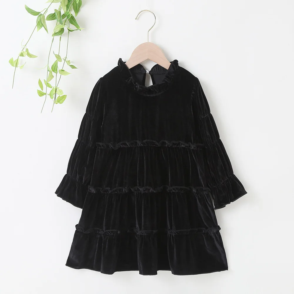 Autumn Winter 2024 New Girls Dress Long Sleeve Velvet Turtleneck Wine Red Black Pleated Solid Cute Sweet Baby Vestidos 2-6T