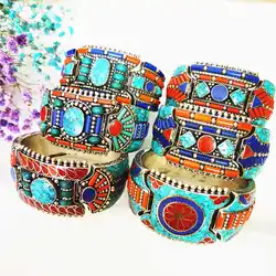 Fine Quality Vintage Dancing Open Cuff Copper Inlaid Colorful Stone Bangle Locket Nepal Vintage Jewelry for Girls BB-035