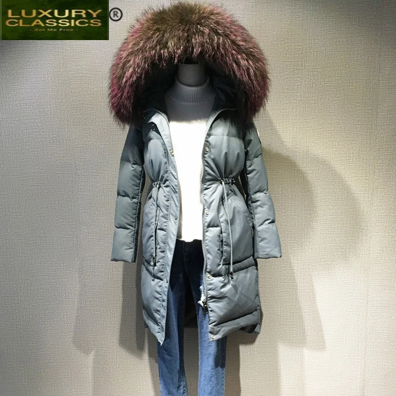 Manteau d'hiver Long et chaud en duvet de canard pour femme, veste à capuche en fourrure de raton laveur, vêtements coréens 2021, LW1515