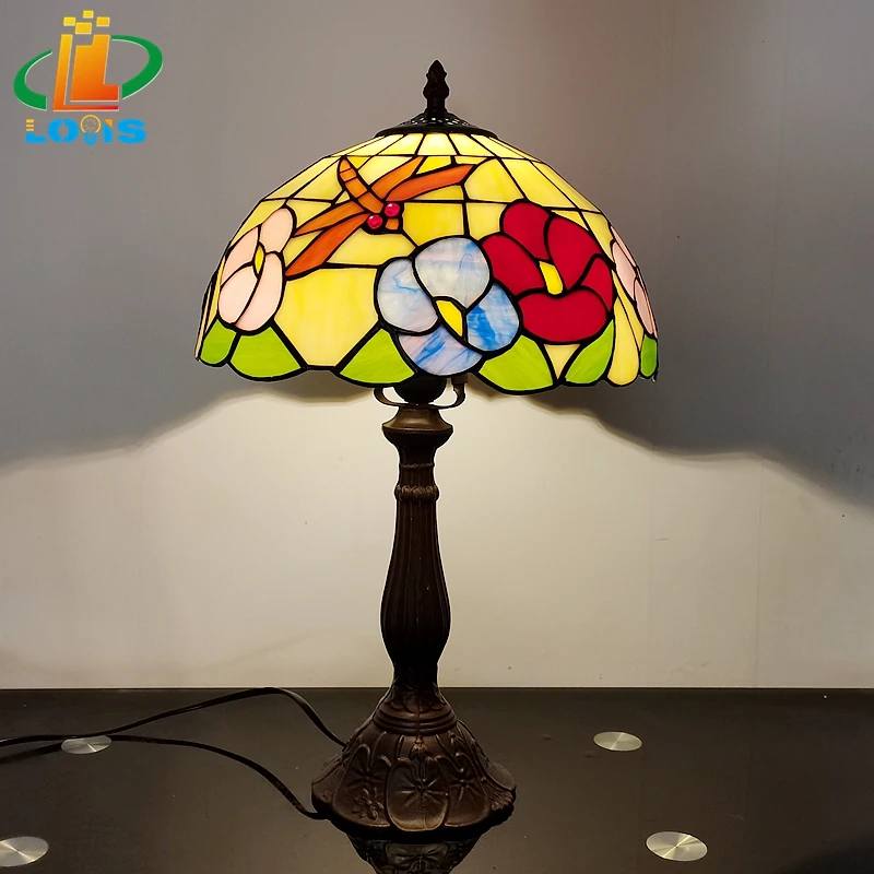 

12 Inch American Dragonfly Flower Table Lamp Tiffany Style Bedroom Bedside Living Room Study Bar Bar Decorative Reading Lamp