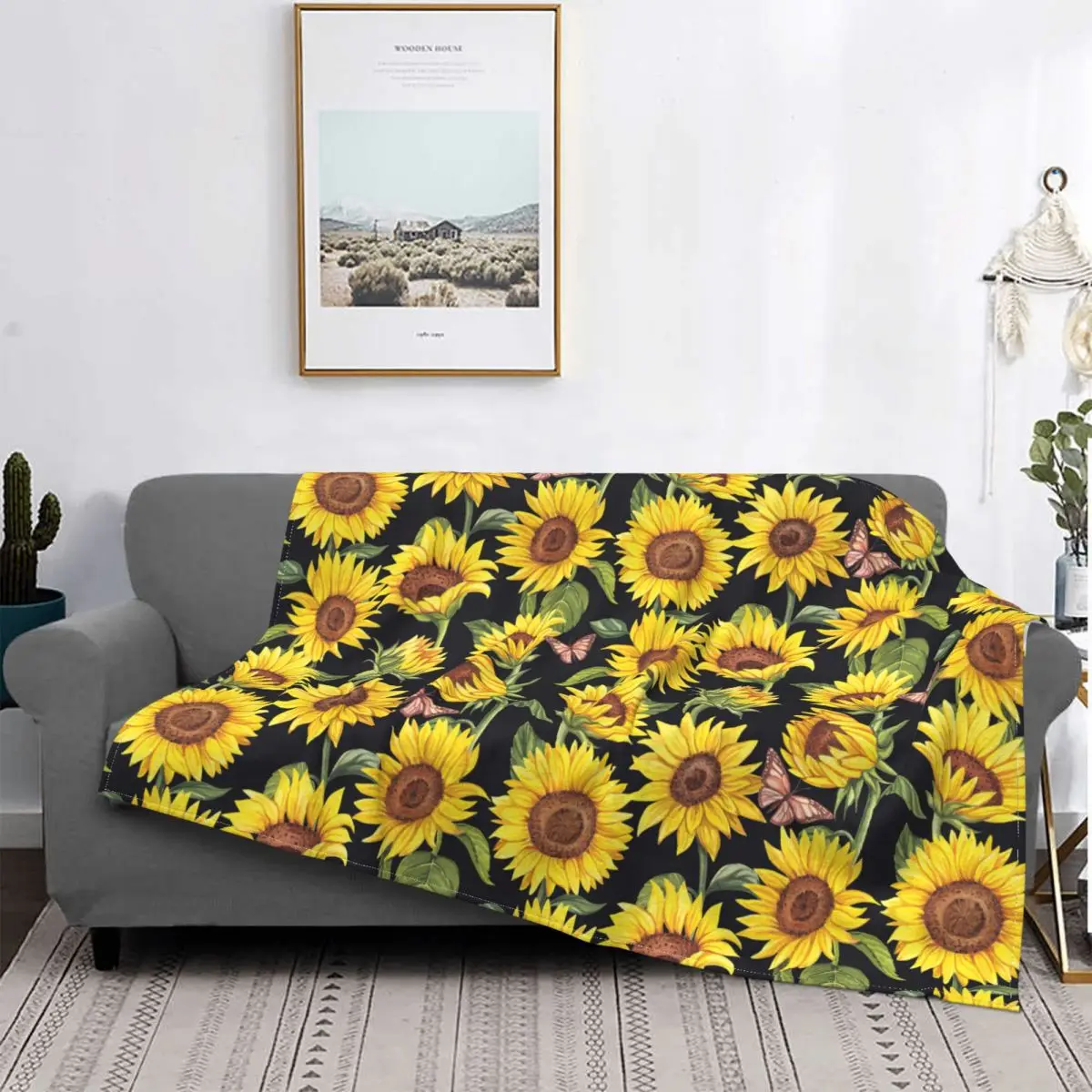 Sunflowers Pattern Blankets Fleece Decoration Ultra-Soft Throw Blankets for Bedding Bedroom Plush Thin Quilt