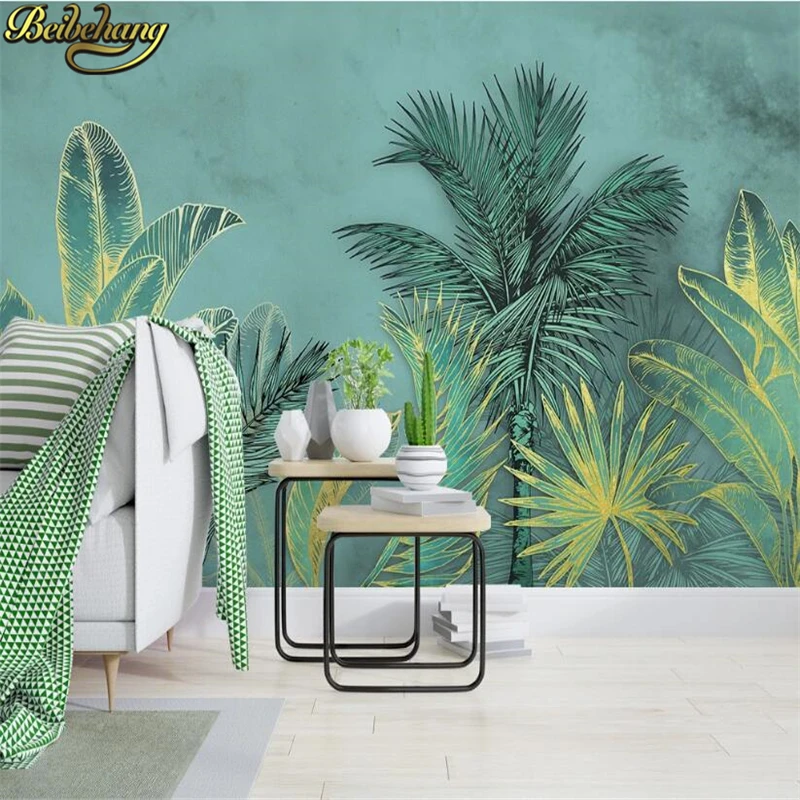 

beibehang custom Nordic minimalist golden tropical leaves papel de parede 3D coconut tree bedroom background 3D mural wall paper