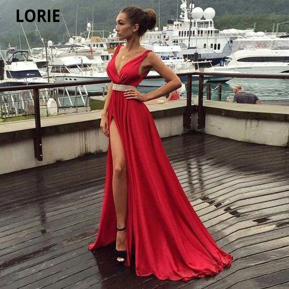 

LORIE Cheap Chiffon Red Evening Dresses Long Sexy V-neck Sleeveless Open Back Formal Prom Party Gonw Plus Size Custom Made