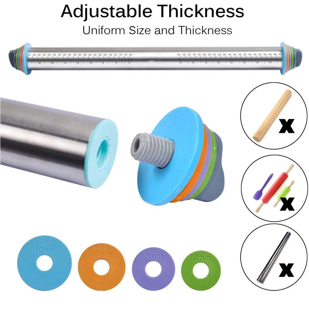 Silicone Rolling Pin Plastic Dough Fondant Cake Pastry Roller With Adjustable Thickness Rings Kitchen Rolling Tool Baking Tools