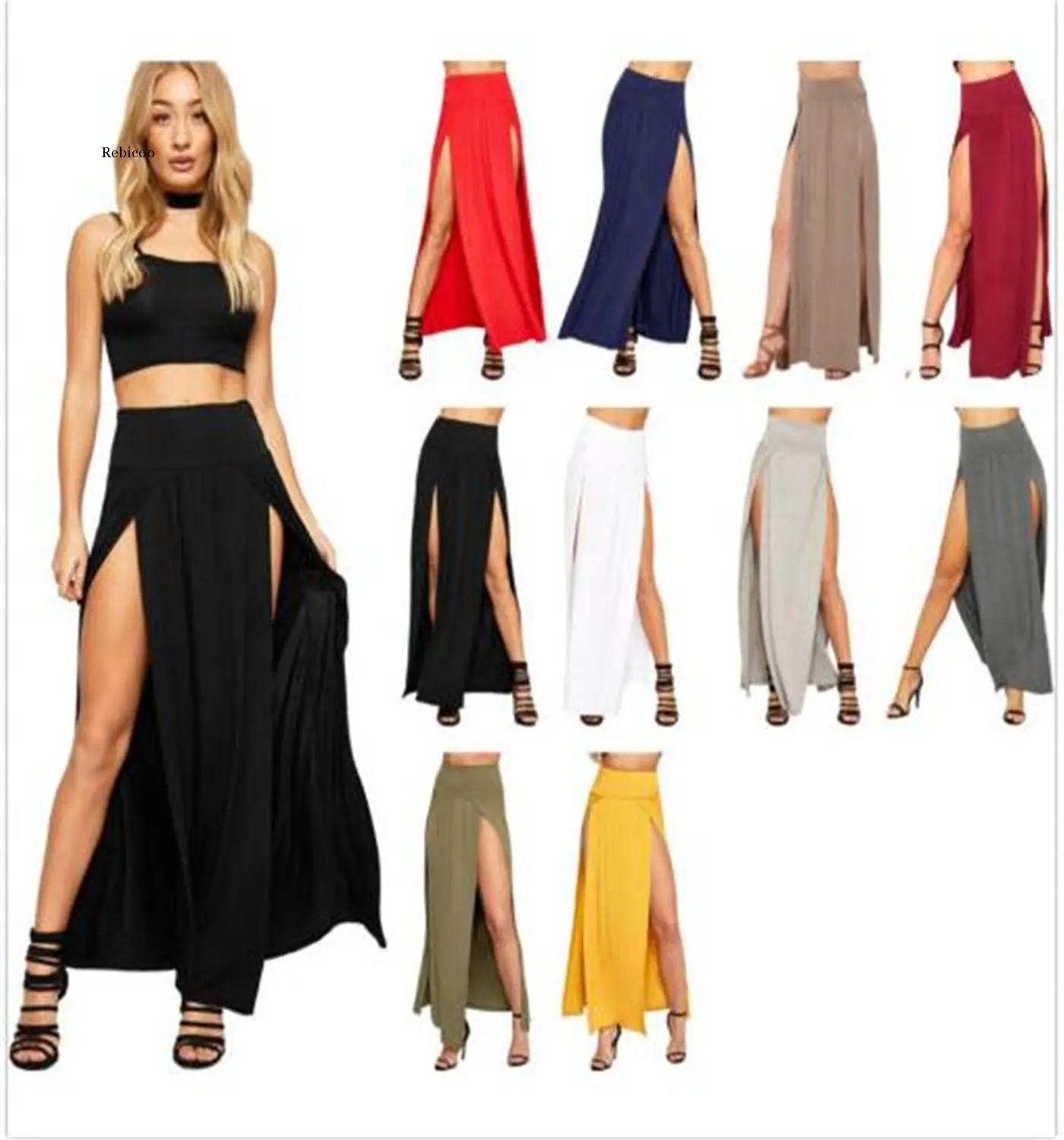 

2021 New Arrival High Waisted Sexy Womens Double Slits Summer Solid Long Maxi Skirt Wholesale 51 Valentine's Day Gifts