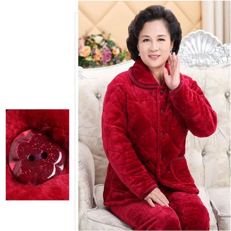 Middle-Aged Women Pajamas Suit Winter Warm Coat Quilted Thicken Pants Nightgown 2 Piece Set Winter Home Service Mother Clothes