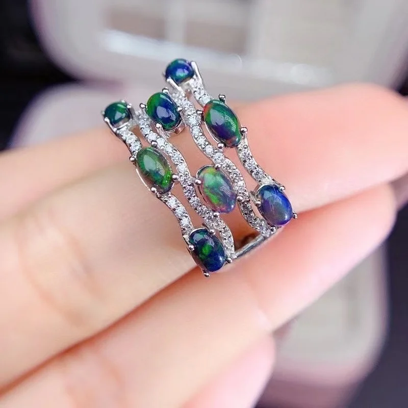 Simple Black Opal Ring Oval 3*5mm Natural Ethiopia Colorful Gemstone Fine Jewelry for Women Girls Daily Wear