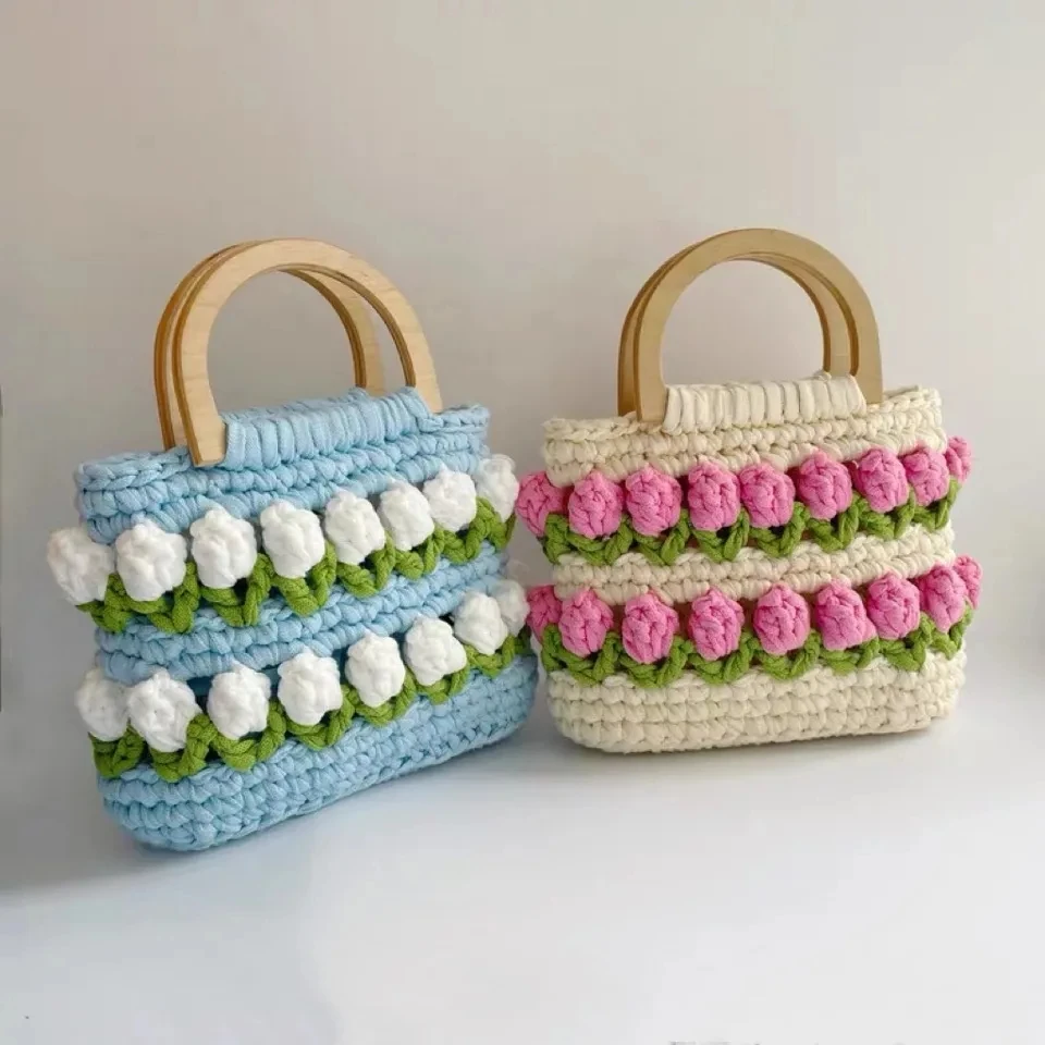 Casual Knit Flower Women Shoulder Bags Handmade Woven Lady Handbag Cotton Tote Shopper Bag Daisy Women Travel Beach Bag Purses