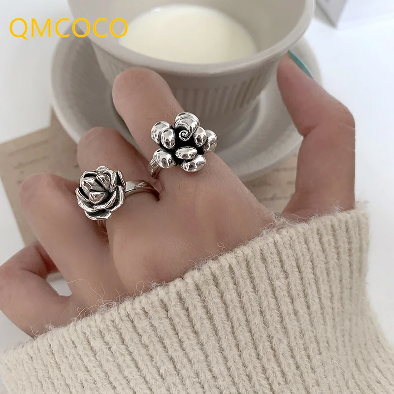 QMCOCO Vintage Punk Silver Color Sweet Flower Wide Rings  Jewelry For Women New Fashion Creative Party Accessories Gifts