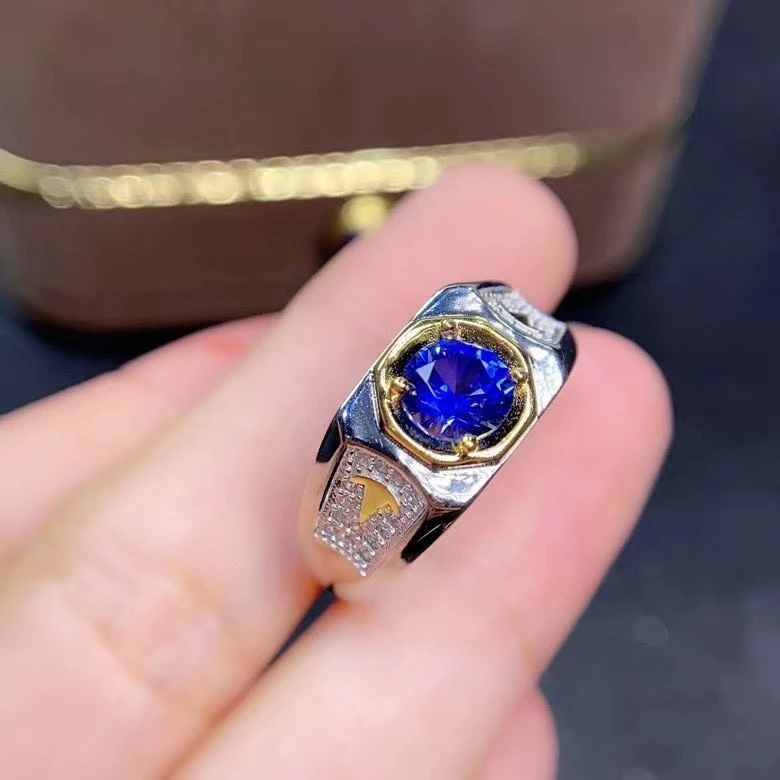 exquisite royal blue sapphire gemstone ring for men ring natural gem good cut 925 sterling silver birthday gift size 6x6mm - view 3