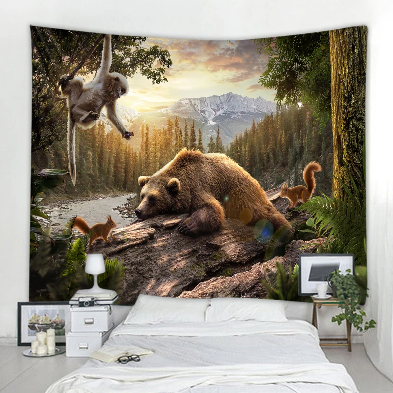 3D bear background decoration tapestry curtain nordic style bohemian hippie wall decoration tapestry curtain living room bedroom