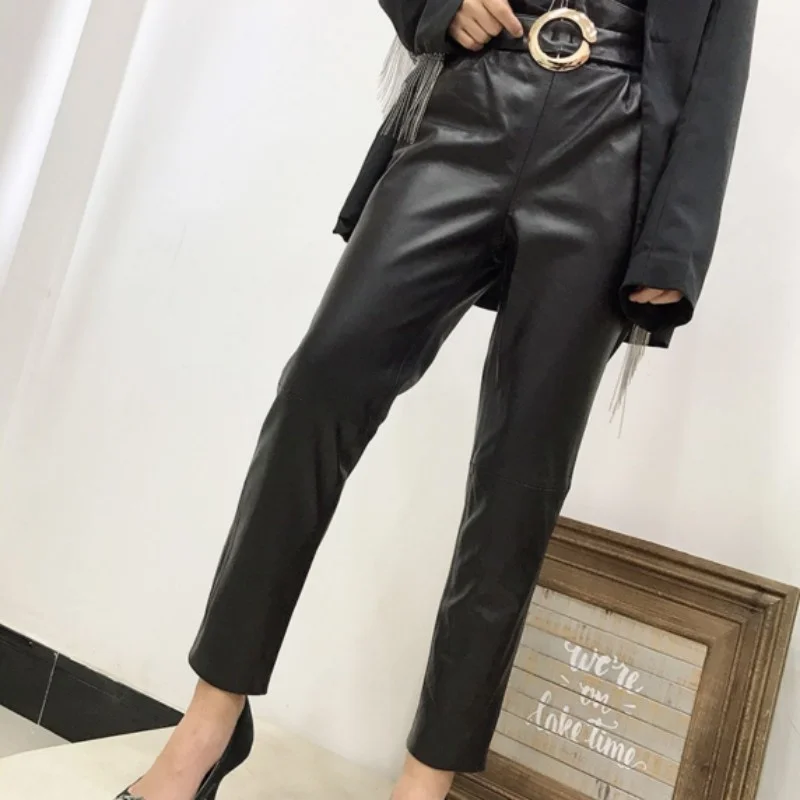 Women Fashion 100% Genuine Leather Ankle-Length Pants Elegant Office Lady Sheepskin Pencil Pants High Waist Slim Harem Pants