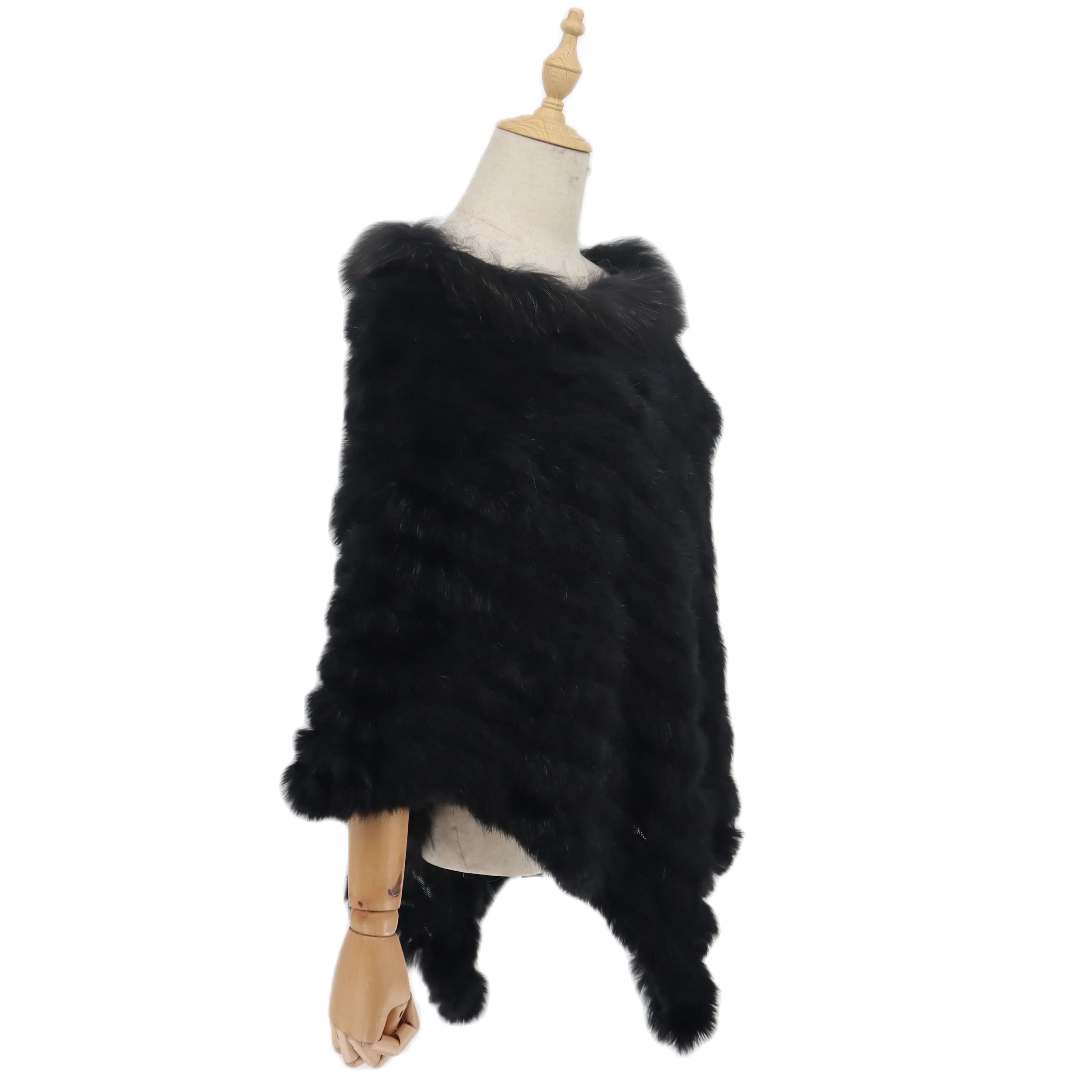 Real Rabbit Fur Knitted Rabbit Fur Poncho Vest Fashion Wrap Coat Shawl Lady Natural Fur Raccoon Fur Collar Wholesale Cape