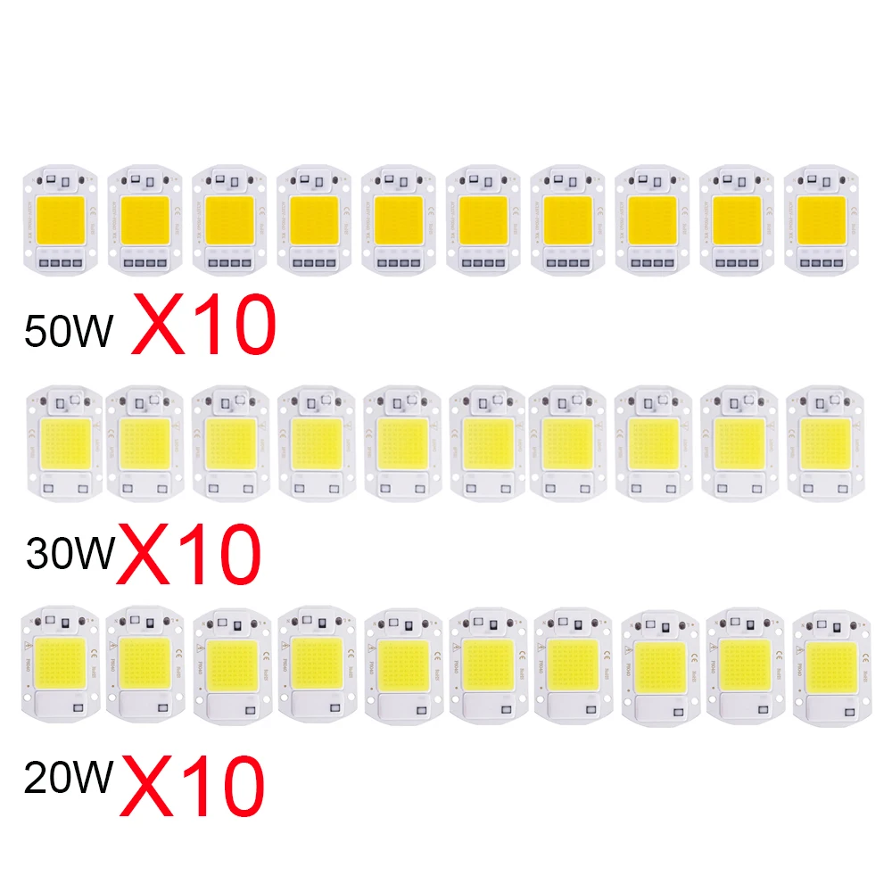 Chip LED COB de 220V, 20W, 30W, 50W, IC inteligente, No requiere controlador, cuentas de lámpara LED para proyector, iluminación artesanal, 10 Uds.