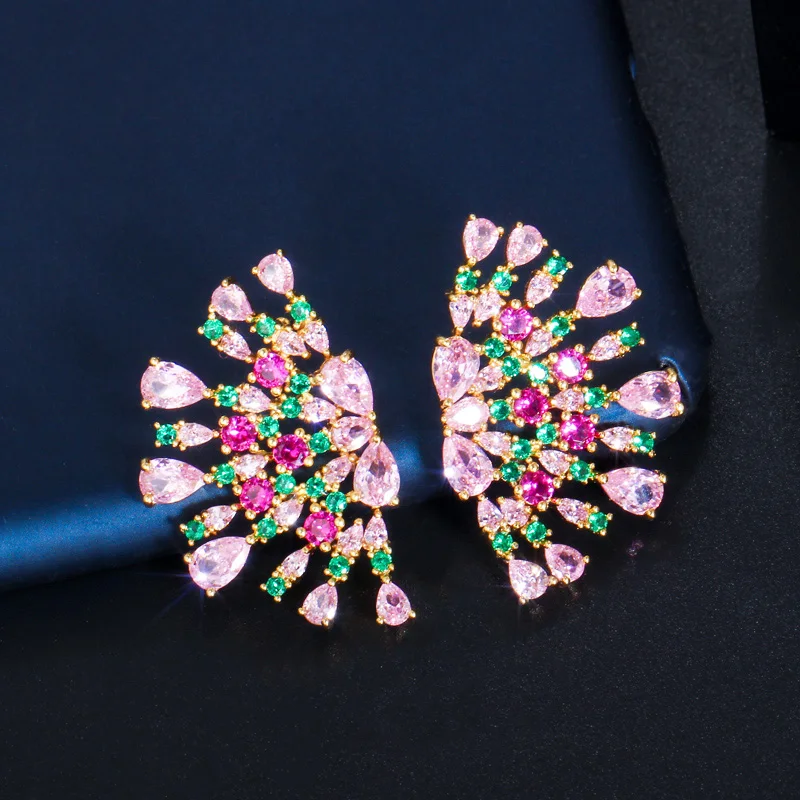 CWWZircons Symmetrical Punk Flower Green Pink Cubic Zirconia Large Stud Earrings for Women Luxury Jewelry Accessories CZ705