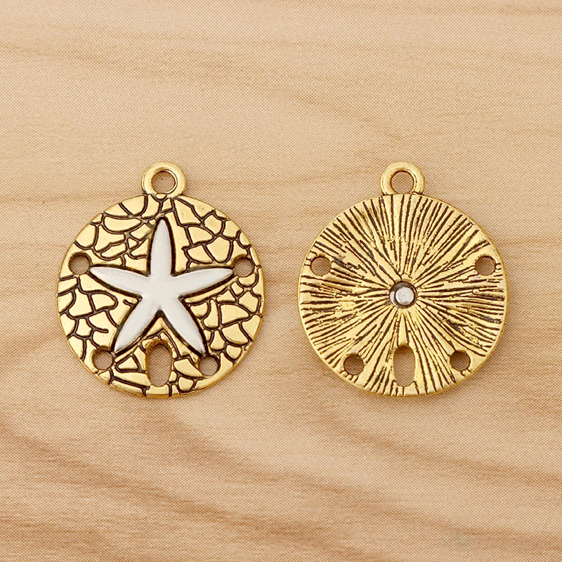 10 Pieces Tibetan Silver/Bronze/Gold Color Sand Dollar with Starfish Charms Pendants for Bracelet Necklace Jewellery Making