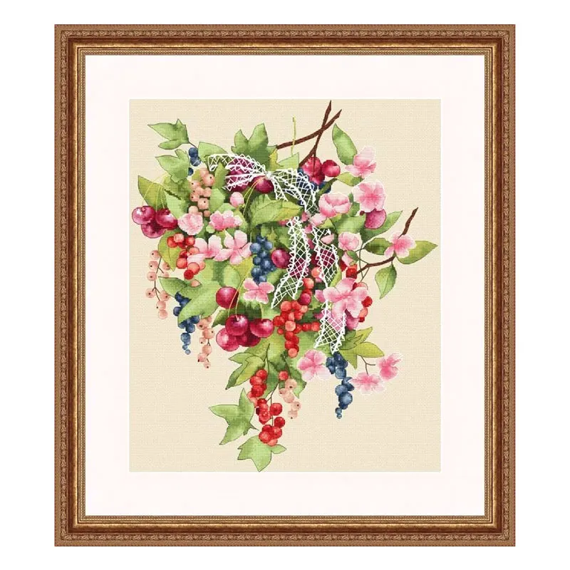 Cross Stitch Kit Fishxx New B1573 Berry Flower Branch Restaurant Painting Hand Embroidered Milky Embroidered Fabric