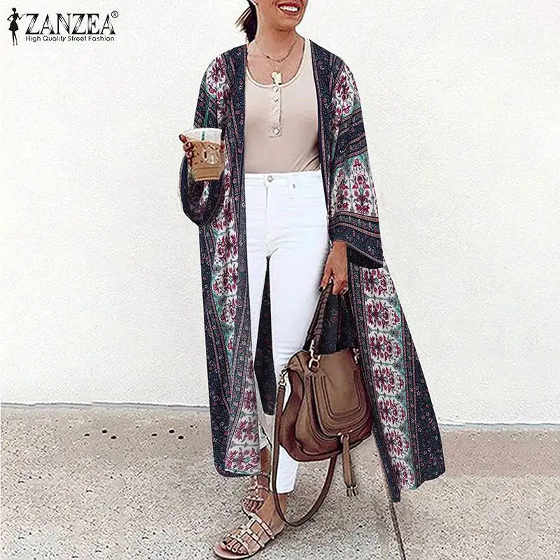 ZANZEA Summer Vintage Floral Printed Blouse Women Beach Cardigan Bohemian Long Sleeve Open Front Holiday Kimono Loose Long Shirt