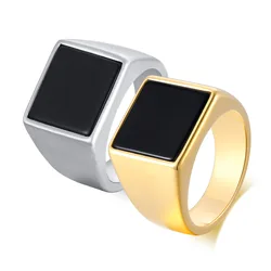 Fashion Golden Glossy Square Seal Stainless Steel Resin Geometric Men's Punk Rock Ring Party Jewelry Wedding Accessories