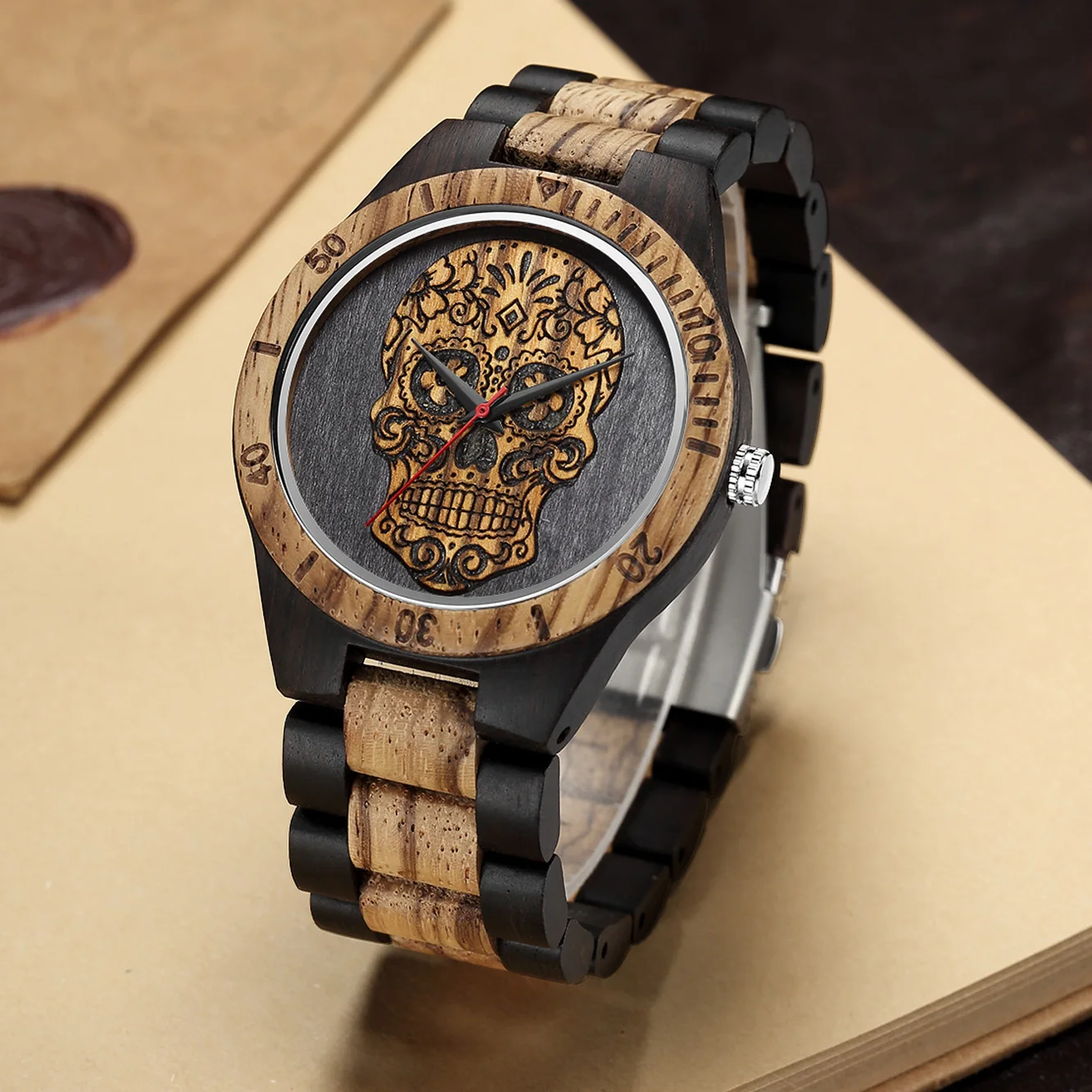 Holz Uhr Schädel Kopf Holz Uhren für Männer Laser Gravierte Carving Mexiko Punk Rock Zifferblatt Uhr Uhren Männlich relogio masculino