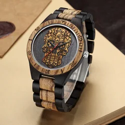 High Quality Skull Head Wooden Watch for Men Skeleton Engraved  Mexico Punk Rock Dial Wood Clock Watches Male relogio masculino