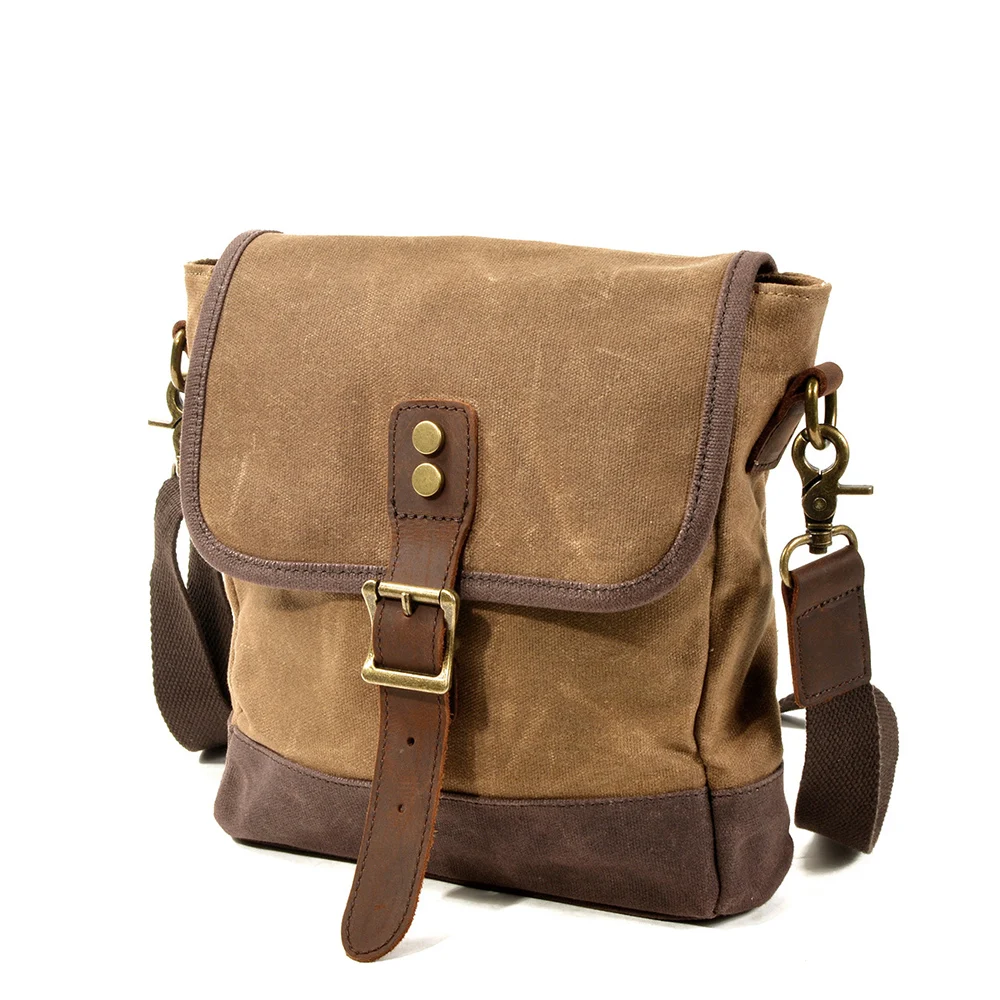 Sac à bandoulière Vintage en cuir pour hommes, sac décontracté en toile de cire d\'huile, sac à rabat en Patchwork, petit sac à épaule quotidien,