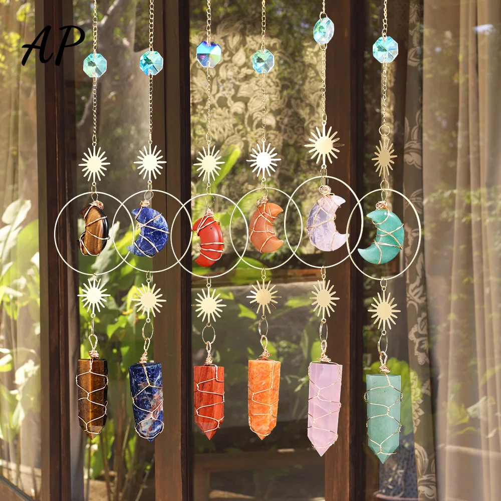 

Natural Crystal Rose Quartz Dream Moon Handmade Wind Chime Catchers Pendant Window Hanging Gift Home Room Decor