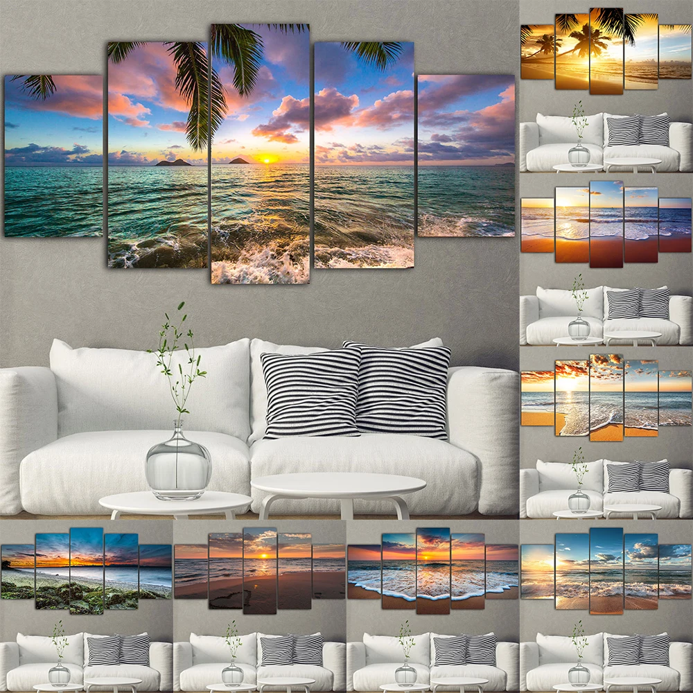 5pcs Seascape Wall Pictures Beach Sea Ocean Canvas Painting Wall Art Landscape Posters Prints for Living Room Decor Unframe