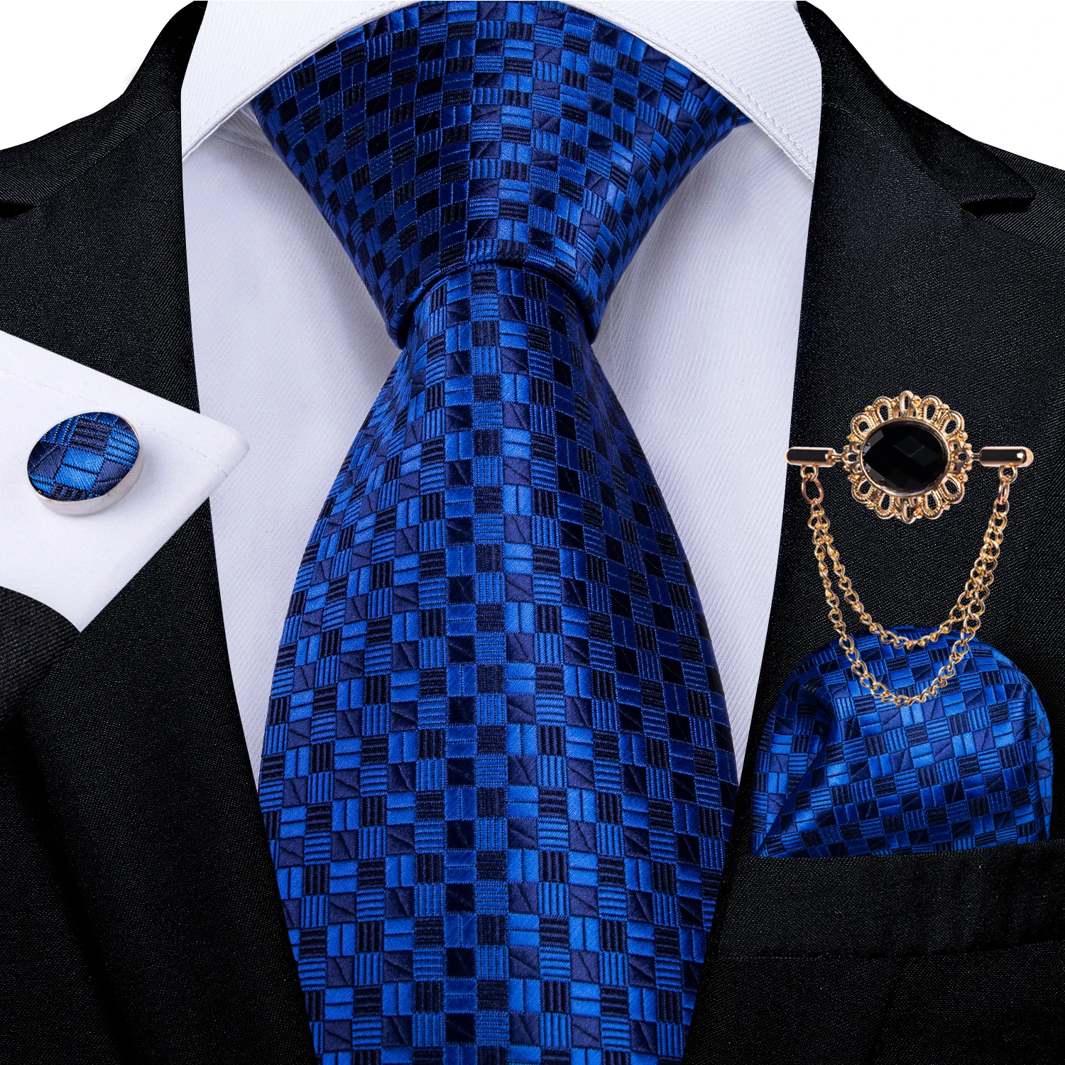 8cm Width Classic Royal Blue Plaid Men Ties Handkerchief Set Business Formal Necktie Luxury Blue Brooch Chain Gravatas DiBanGu