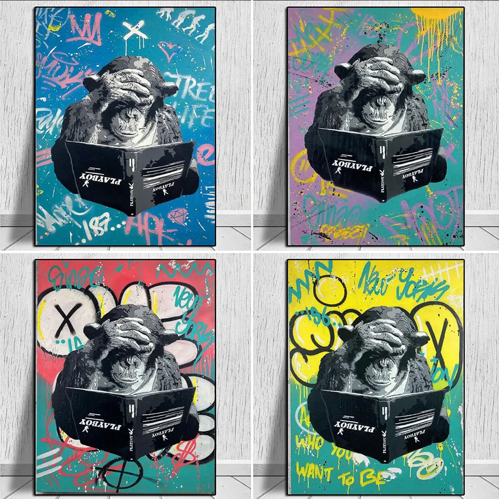 

Abstract Colorful Animal Painting Modern Graffiti Monkey Read Book Wall Art Funny Picture Cuadros Canvas Poster Print Home Decor