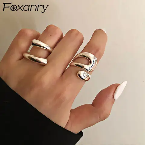 Foxanry 여성을위한 미니멀리스트 실버 컬러 반지 패션 크리 에이 티브 할로우 불규칙한 기하학적 생일 파티 쥬얼리 선물