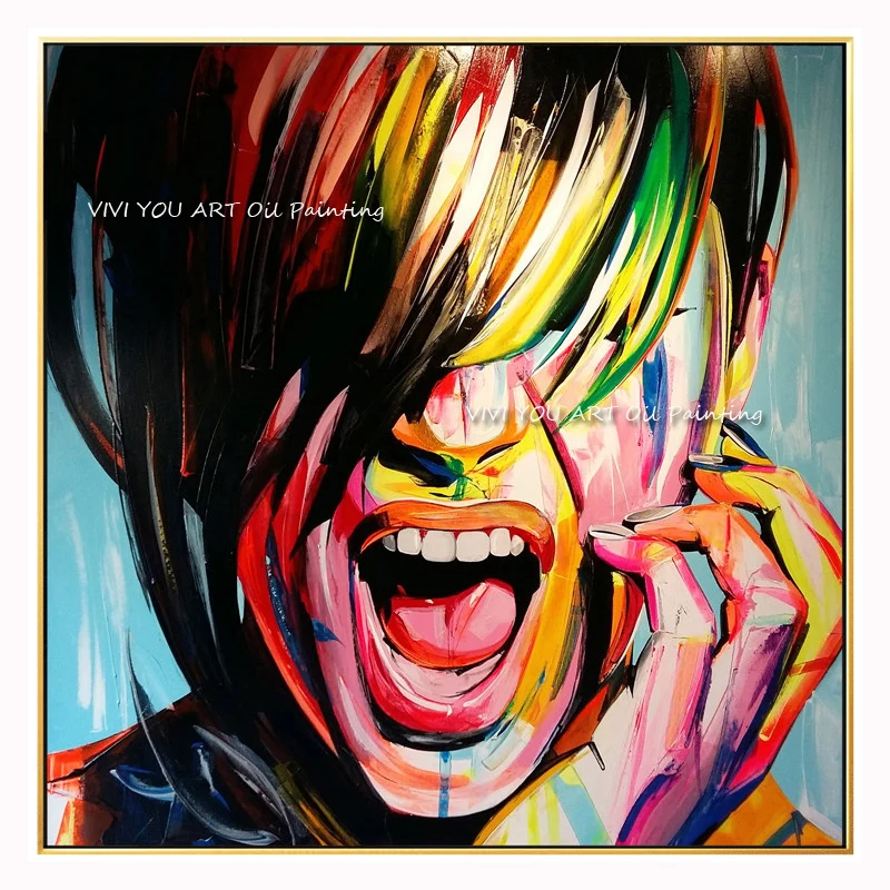Hand Painted Screaming Pop Art Woman Oil Painting, Palette Knife Square Canvas Modern Living Room Wall Decor Art